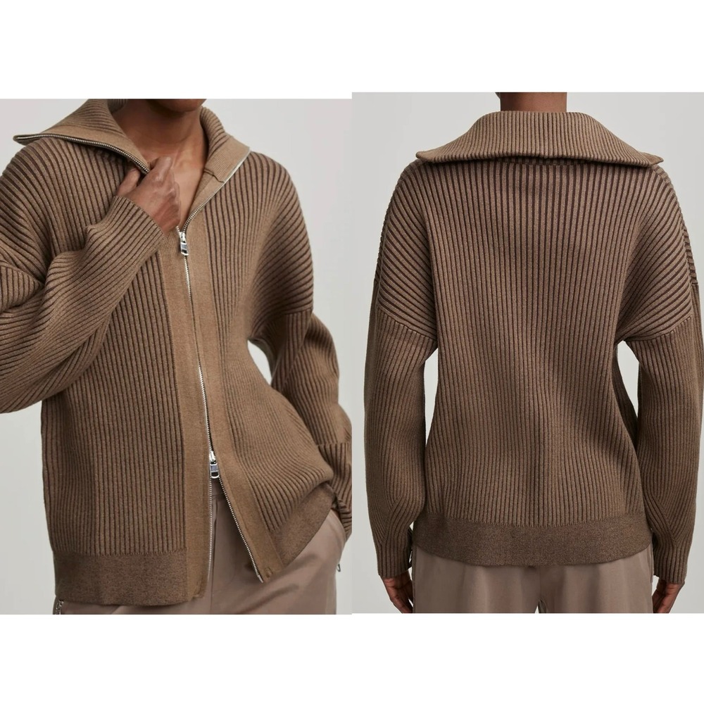 Varley Women Brown Striped Ribbed Full Zip Oversized Cardigan Sweater Large